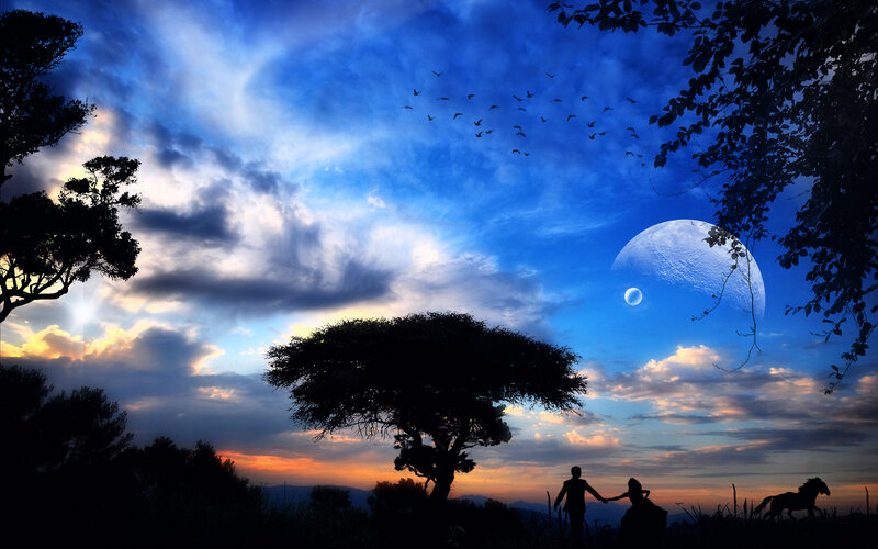 Silhouette Couple Walking — Blue, Dramatic