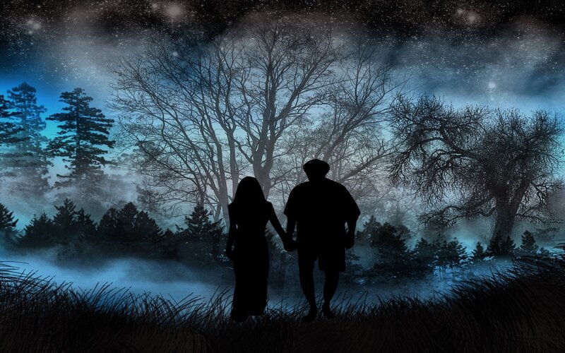 Silhouette Couple Walking — Blue, Mysterious