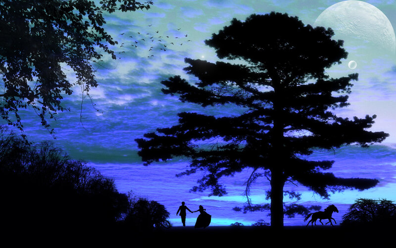 Silhouette Couple Walking — Blue, Serene