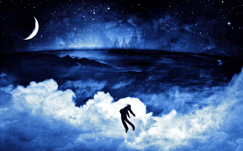 Silhouette Falling Through Clouds — Blue