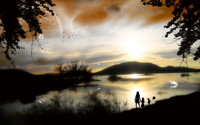 Silhouette Family by Lake