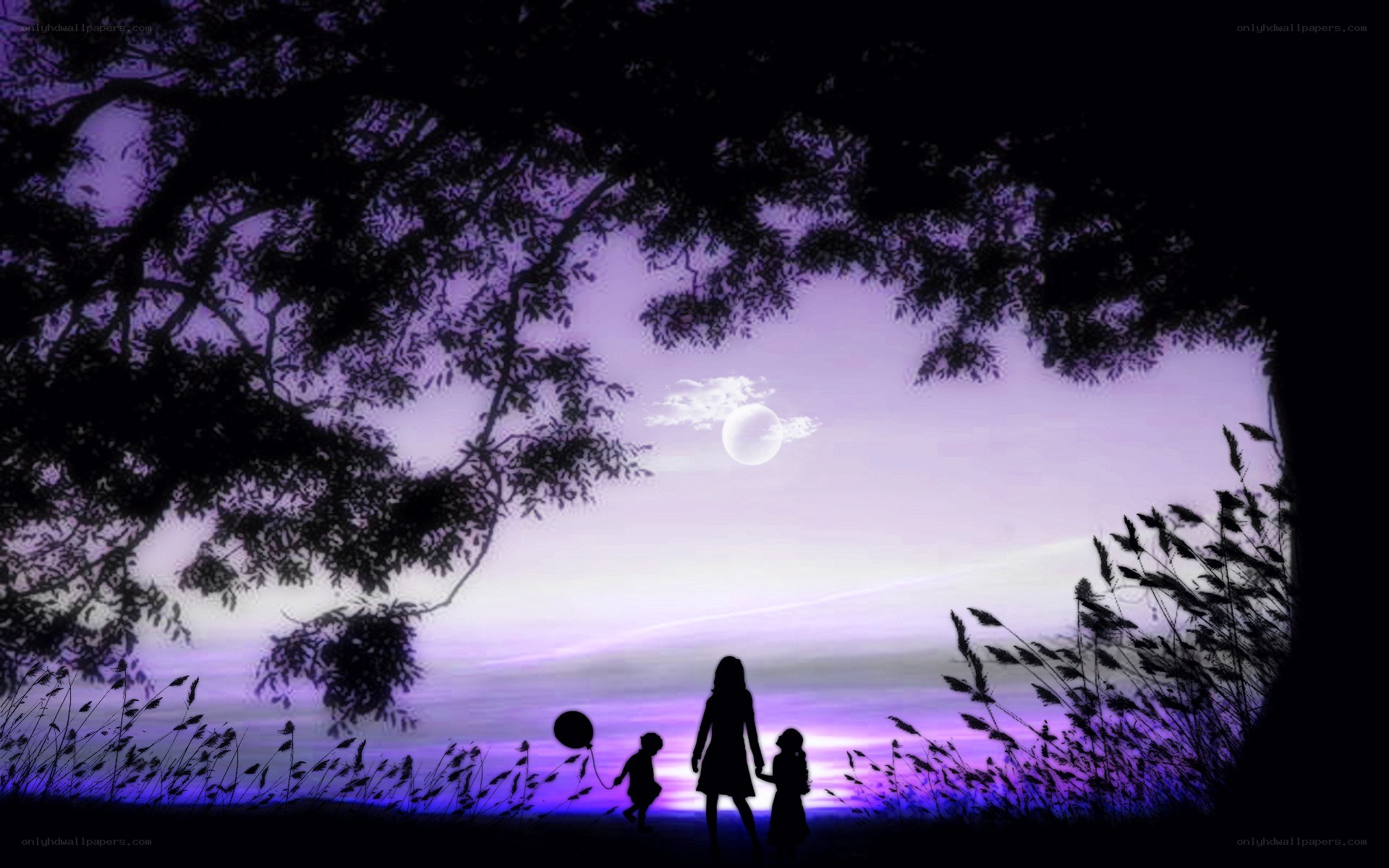 Silhouette family under moonlight