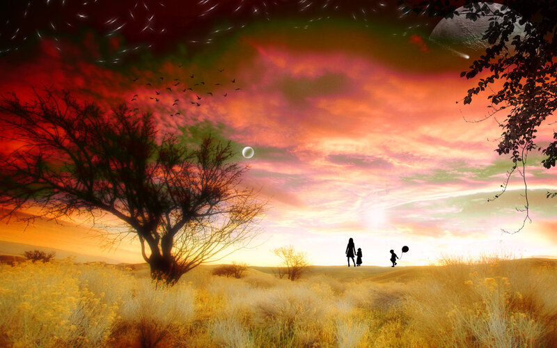 Silhouette family under surreal sky