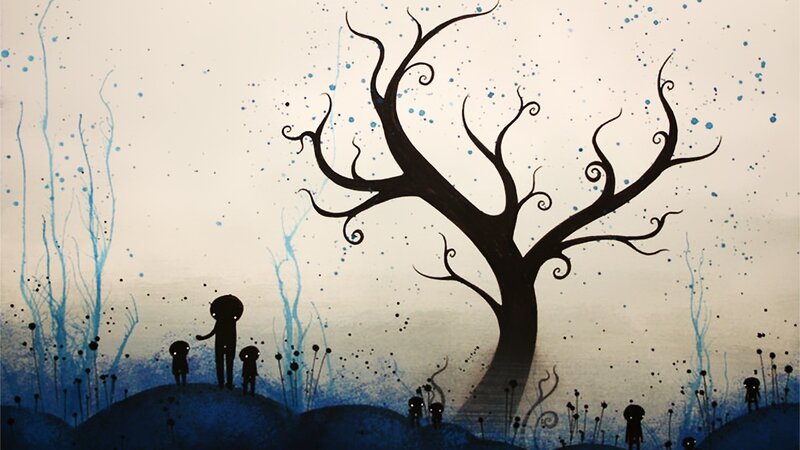 Silhouette figures under a twisted tree