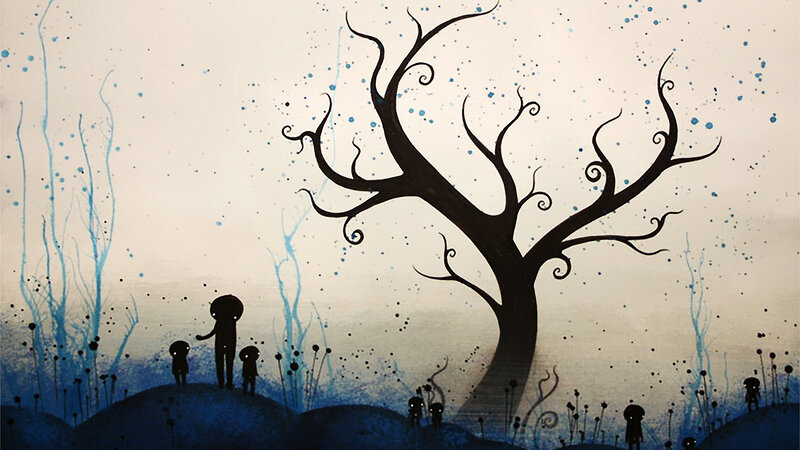 Silhouette figures under a twisted tree