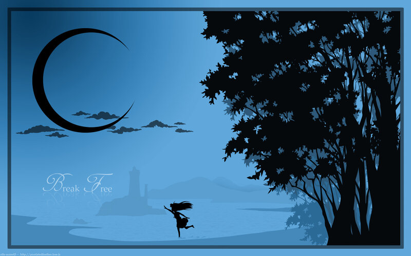 Silhouette girl under crescent moon