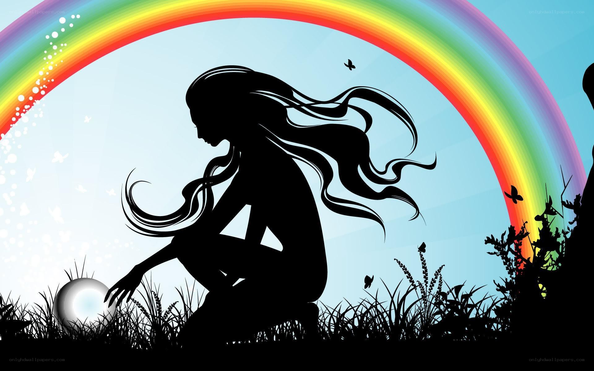 silhouette girl under rainbow