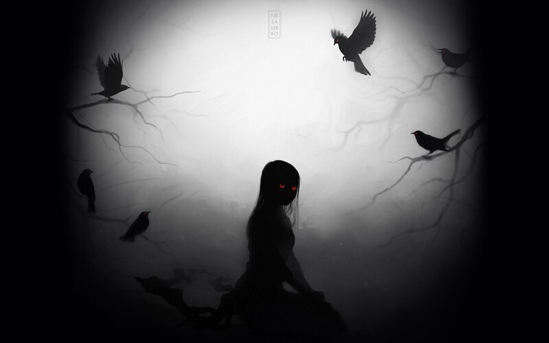 silhouette girl with glowing eyes