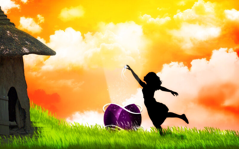 Silhouette girl with magic egg