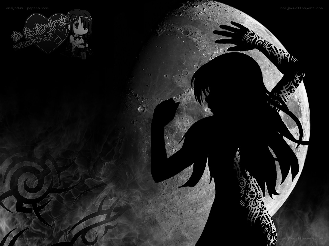 silhouette girl with moon