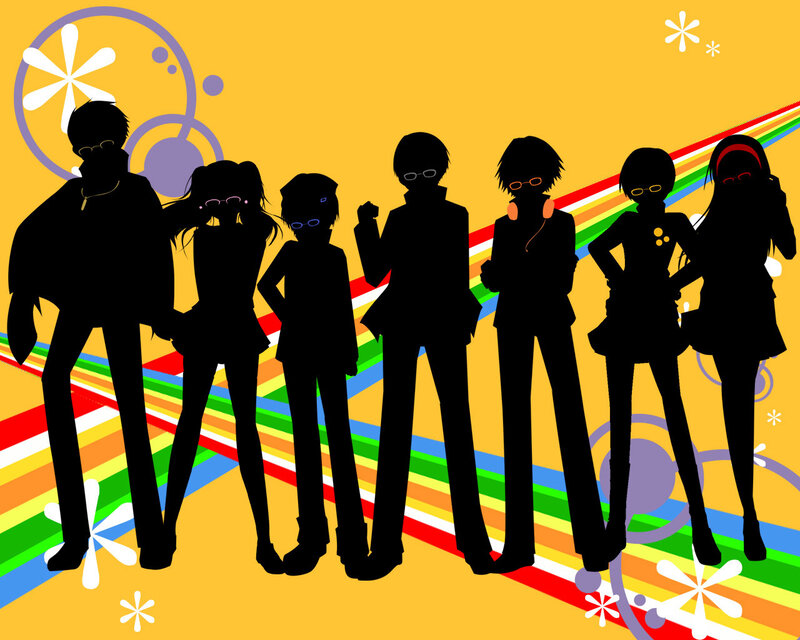 silhouette group with rainbow background