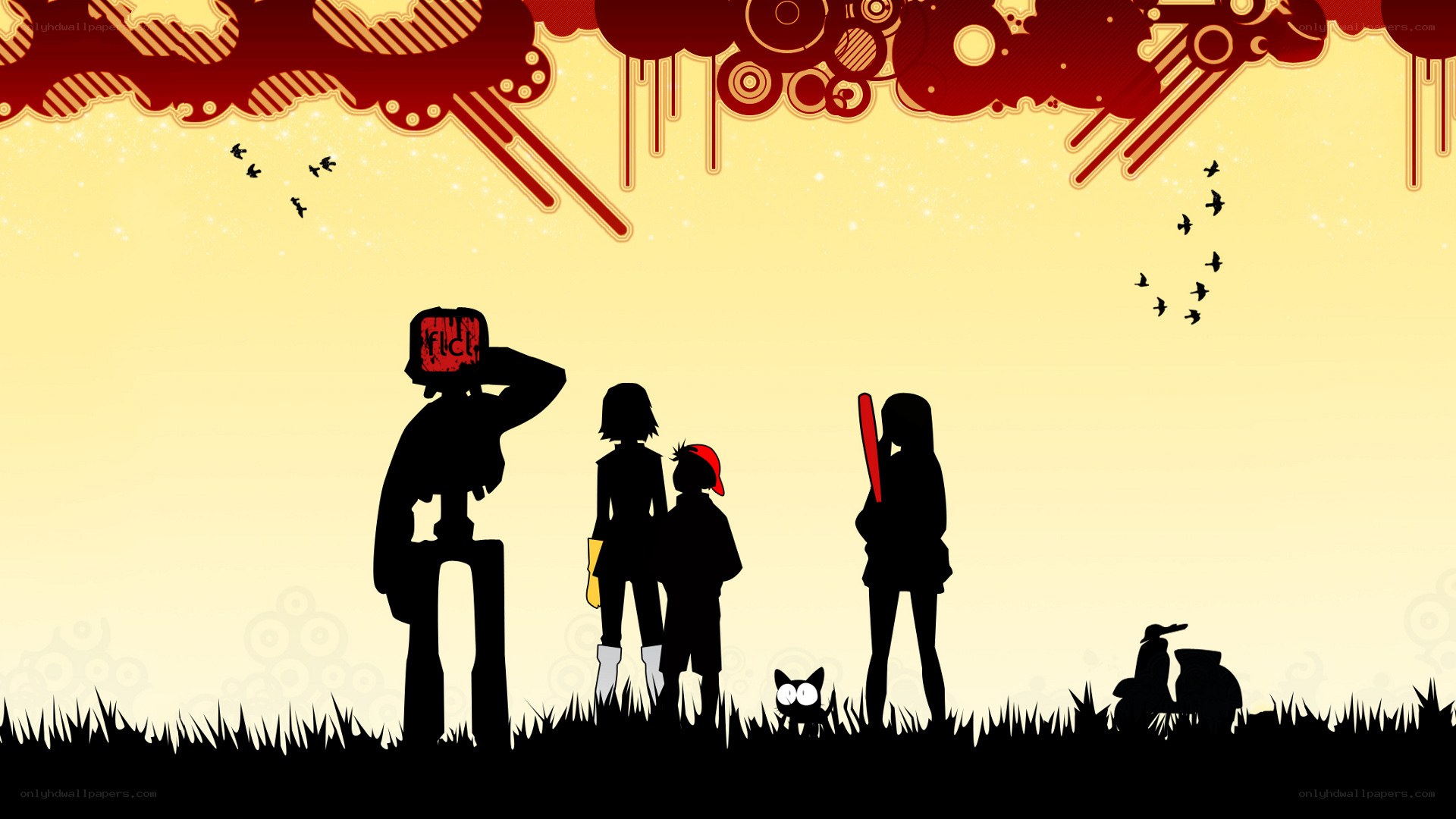 Silhouette group with red sky