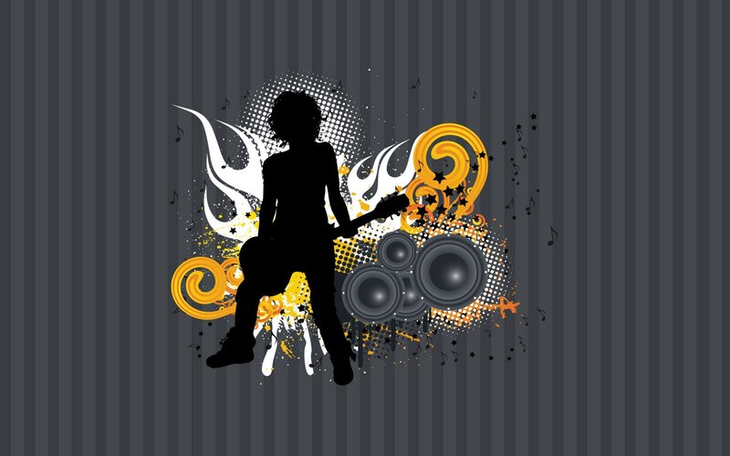 silhouette guitarist with music elements