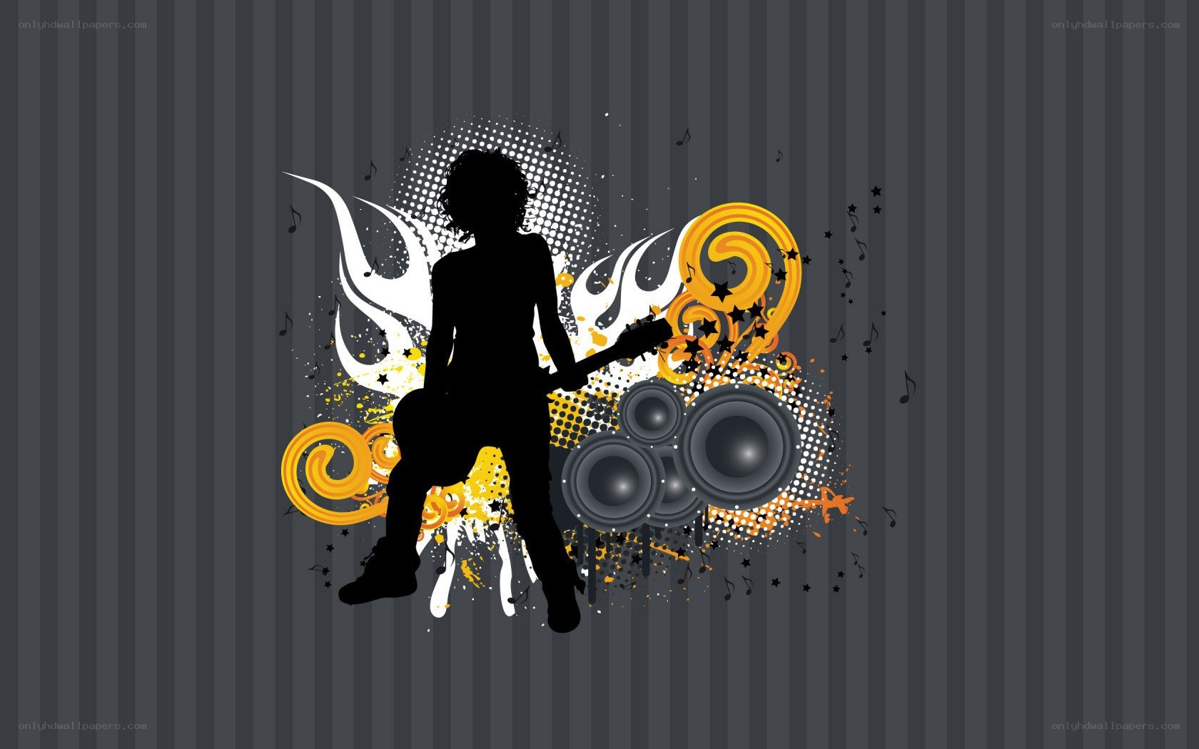 silhouette guitarist with music elements