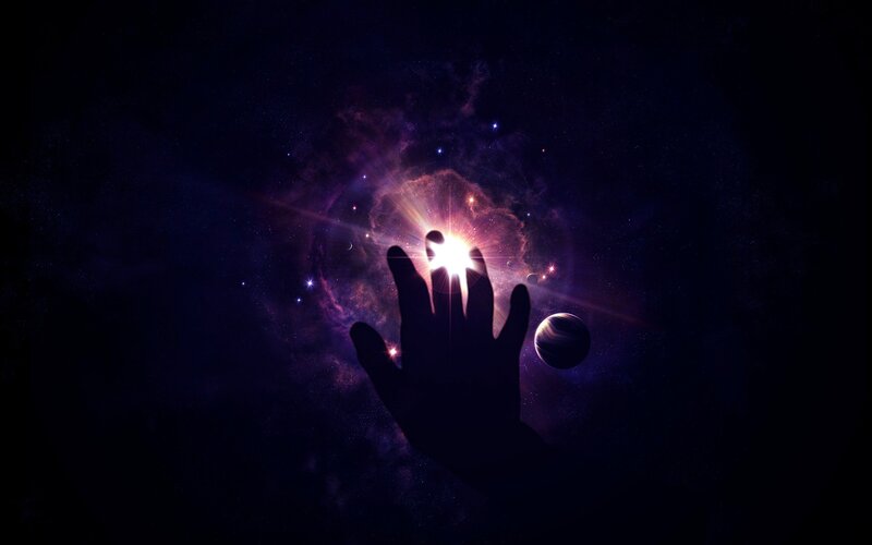 Silhouette Hand Reaching — Purple, Dramatic, Night, Digital Art, Planet