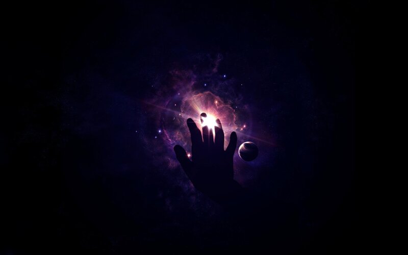 Silhouette Hand Reaching — Purple, Dramatic, Night, Digital Art, Star, Planet, Nebula