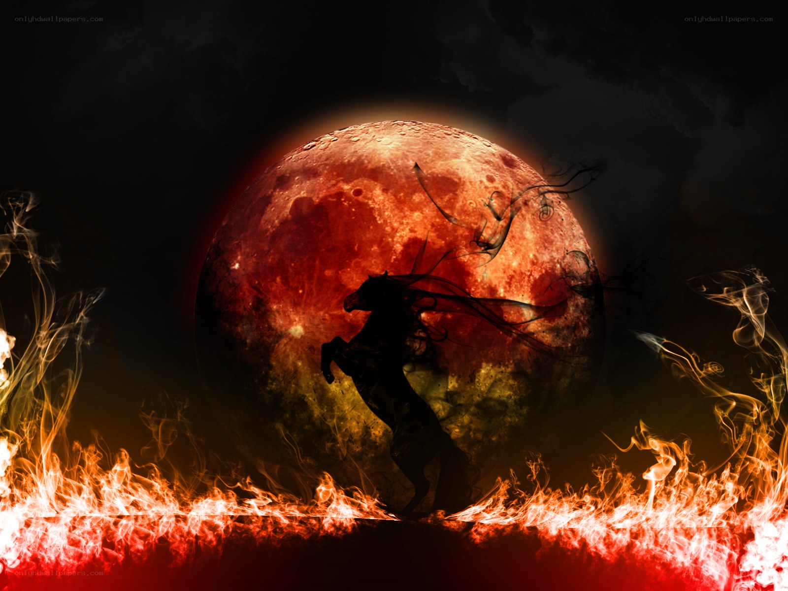 Silhouette horse under red moon
