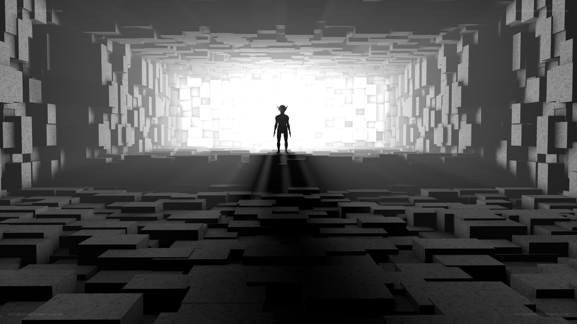 silhouette in a blocky corridor