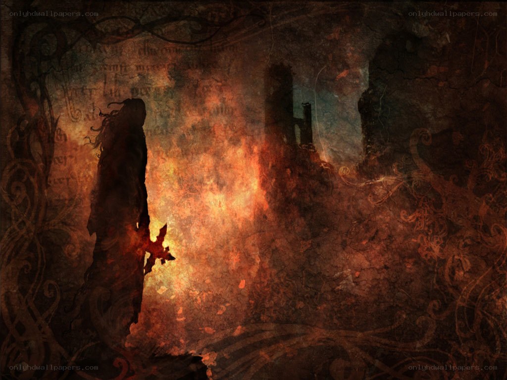 Silhouette in a burning ruin