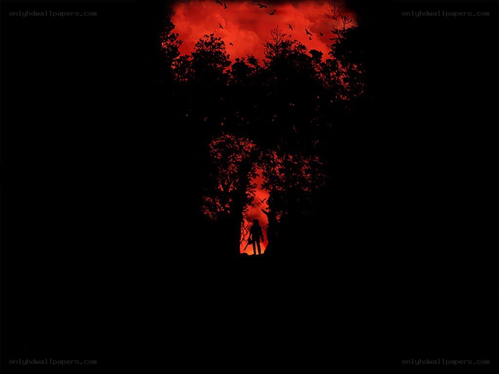 Silhouette in a fiery forest