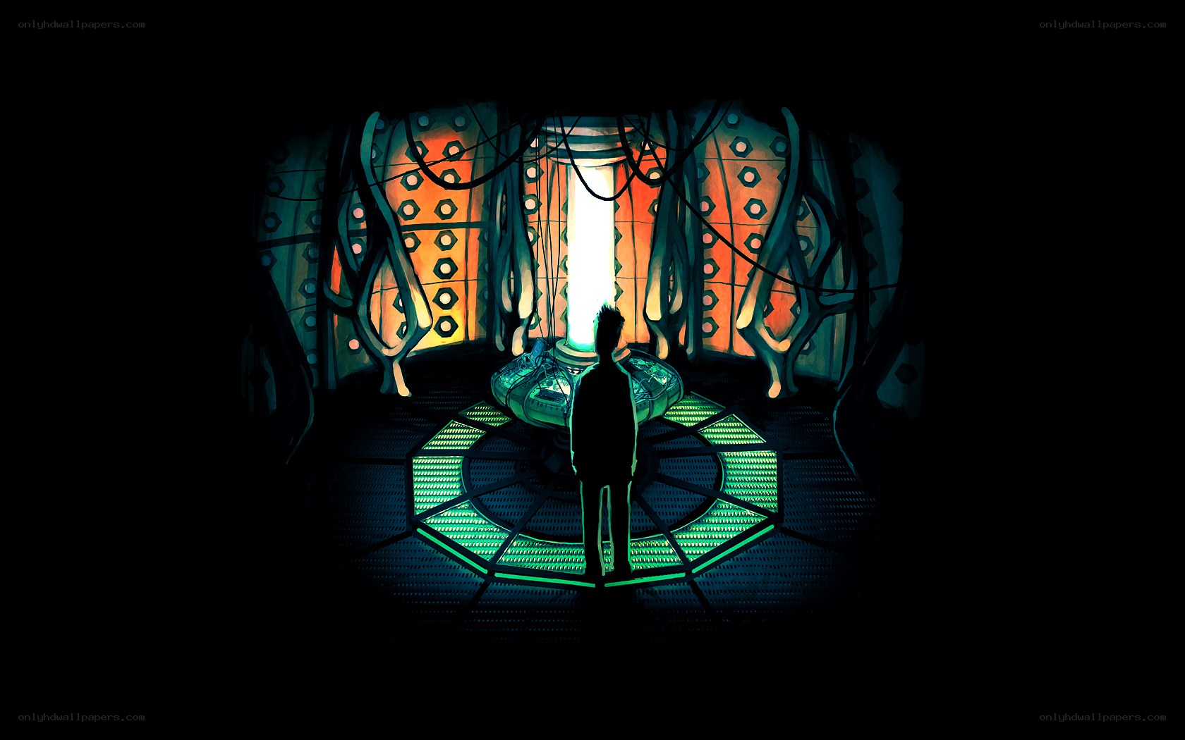 silhouette in a glowing chamber