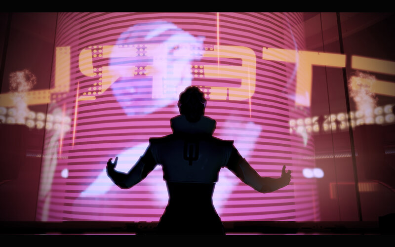 silhouette in a neon-lit room