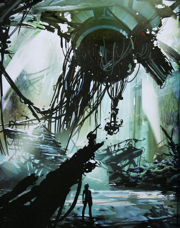 Silhouette in a ruined biomechanical world