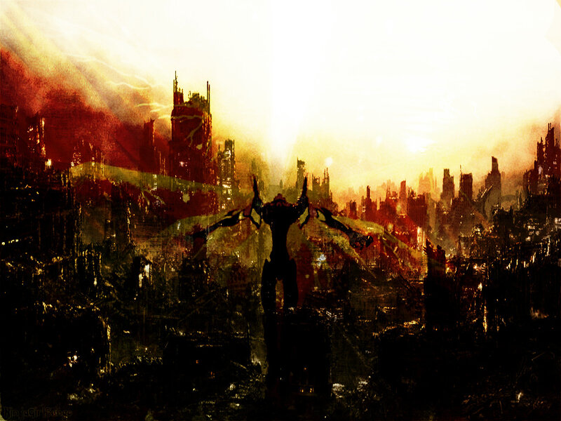 Silhouette in a ruined city