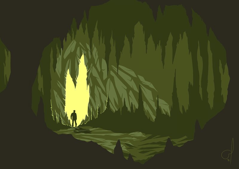 Silhouette in Cave — Green, Dramatic