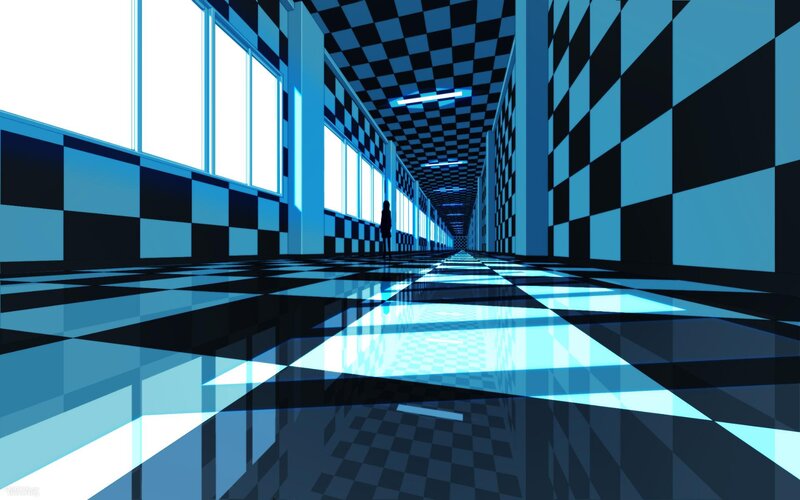 Silhouette in Checkered Hallway