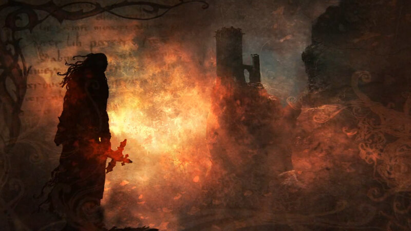 silhouette in fiery ruin