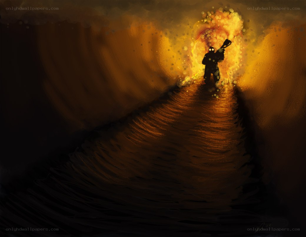 Silhouette in fiery tunnel