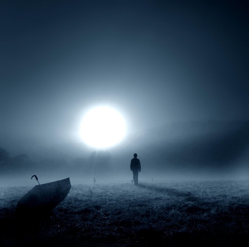Silhouette in foggy field
