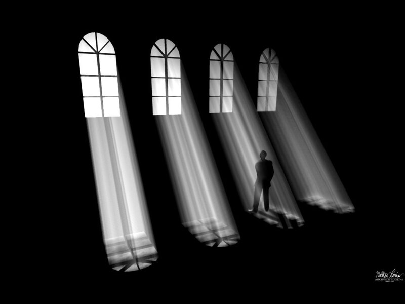 Silhouette in light beams