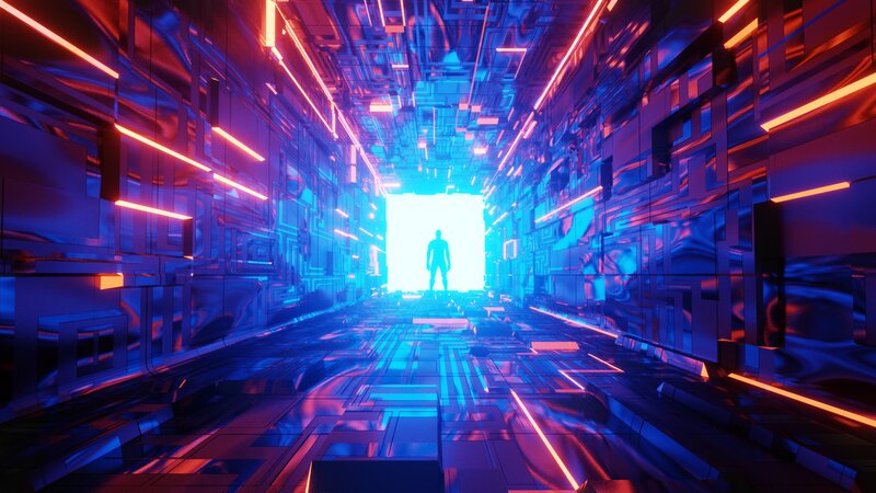 Silhouette in Neon Corridor — Blue
