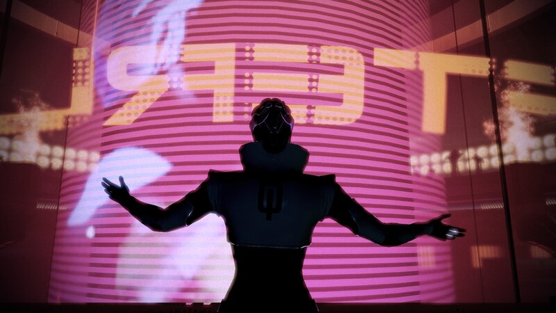 silhouette in neon-lit room