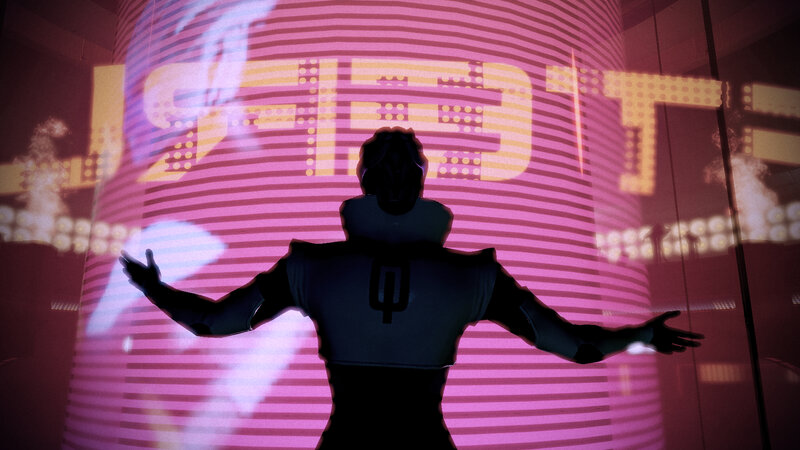 silhouette in neon-lit room