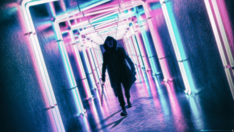 Silhouette in Neon Tunnel