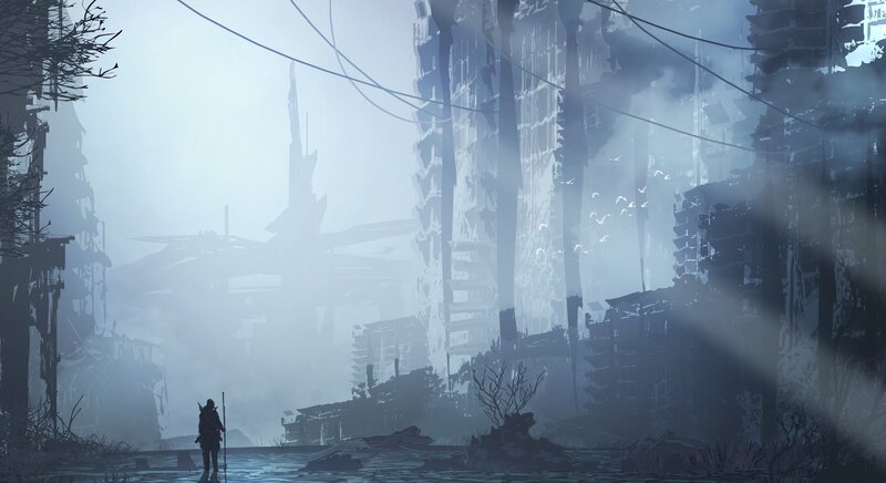 Silhouette in Ruined City — Gray, Dramatic