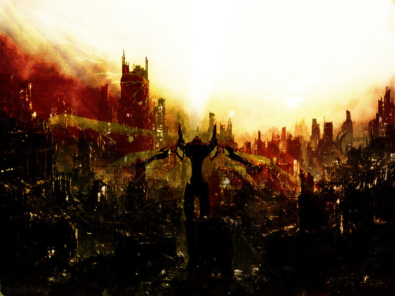 silhouette in ruined city