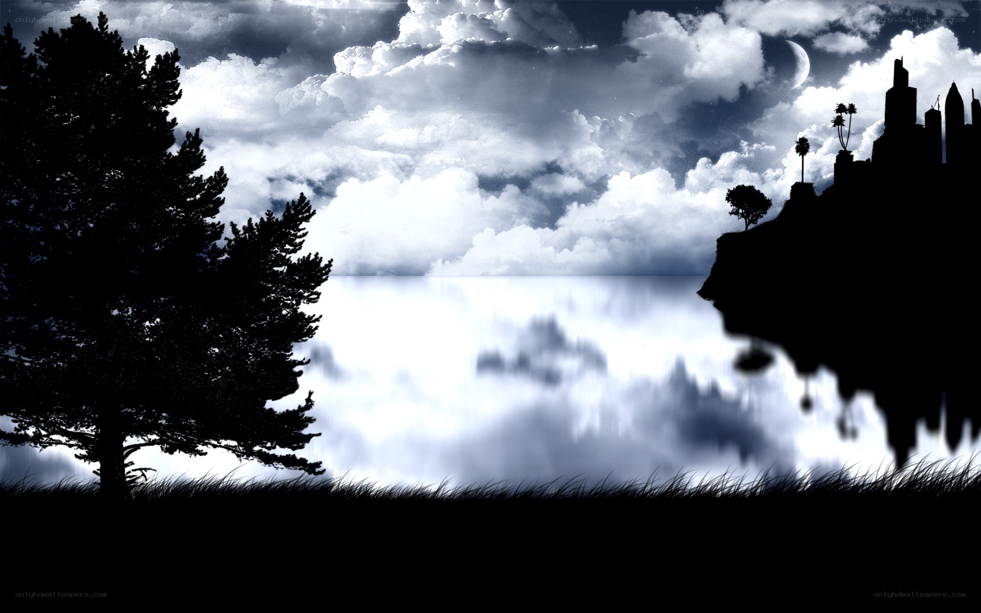 Silhouette landscape with castle