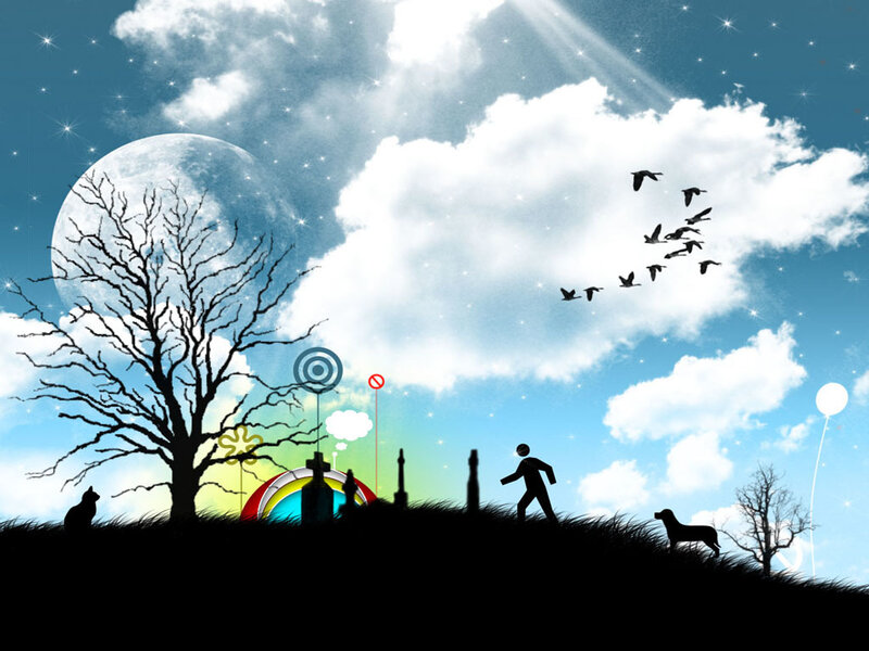 Silhouette landscape with moon and birds