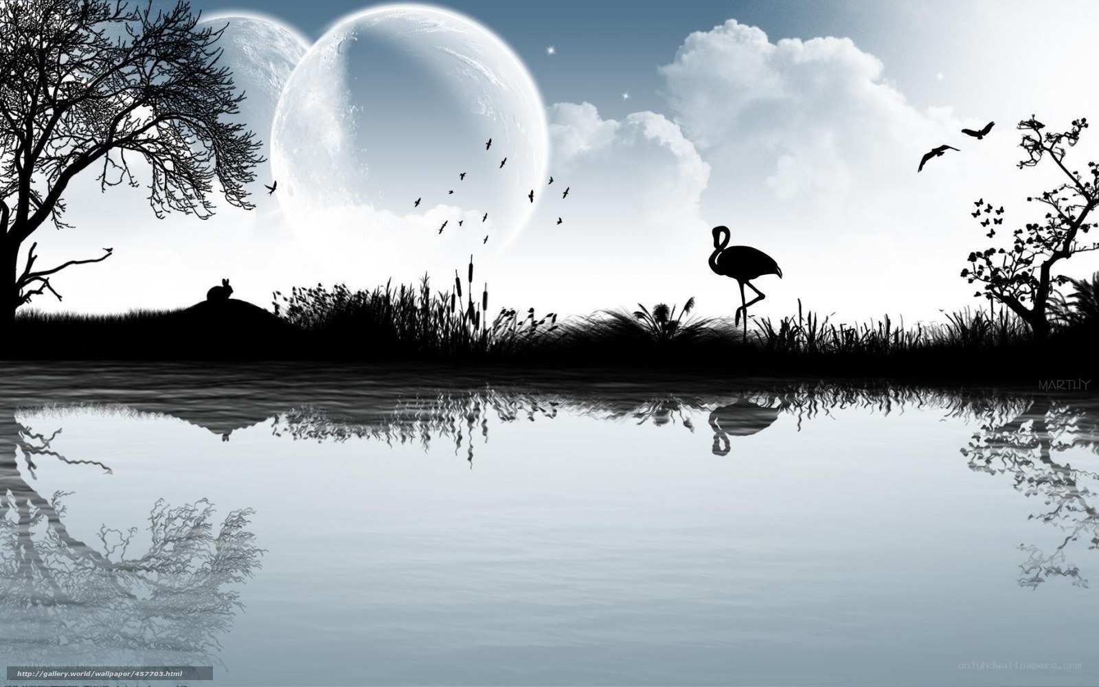 Silhouette landscape with moons