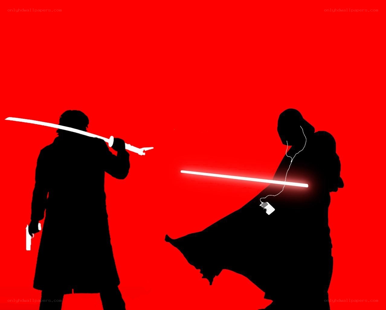 Silhouette lightsaber duel
