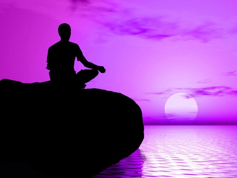 Silhouette Meditating on Rock — Purple, Serene