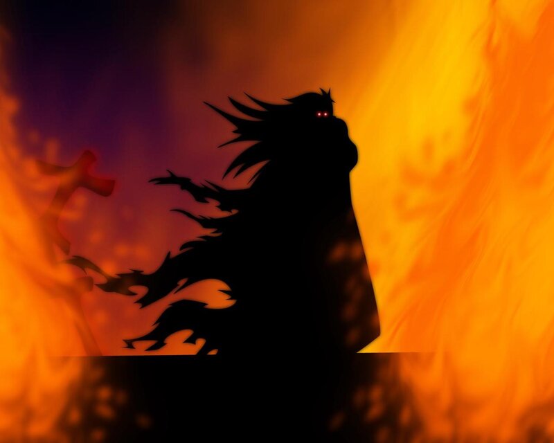 Silhouette of a Character — Black, Dramatic, Anime, Fire