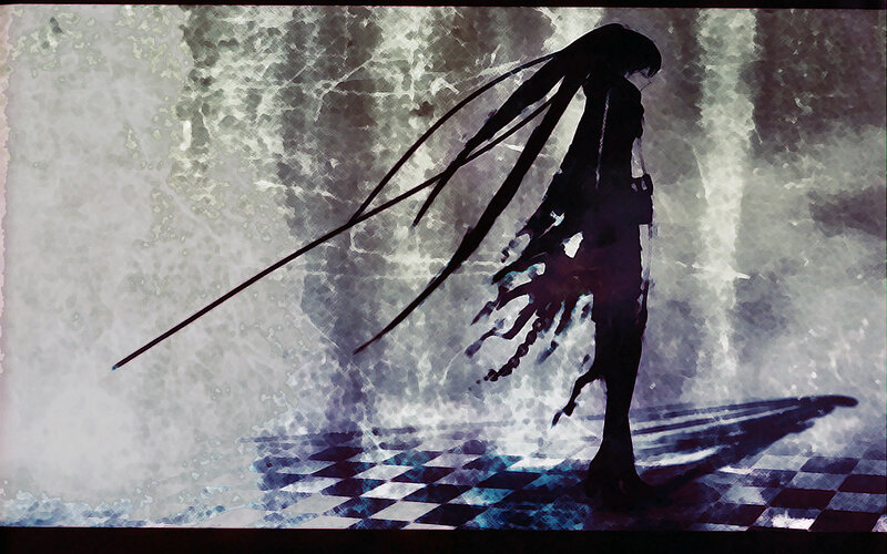 Silhouette of a Character — Black, Dramatic, Digital Art, Long Hair, Checkered Floor