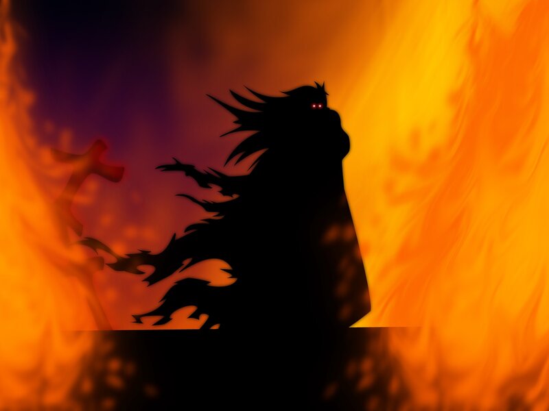 silhouette of a character in flames