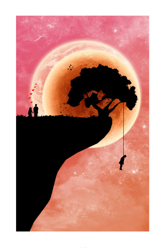 Silhouette of a couple under a large moon
