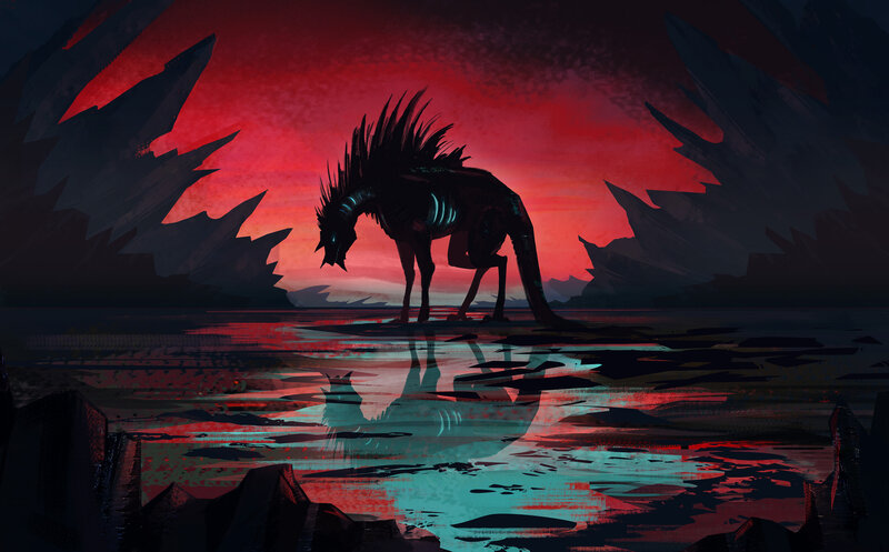 Silhouette of a Creature — Red, Dramatic, Sunset, Digital Art